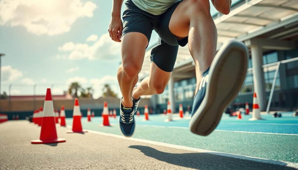 A dynamic scene depicting an anaerobic energy system in action, featuring an athlete performing explosive sprinting drills outdoors. In the foreground, the athlete, dressed in professional sports apparel, is captured mid-stride, showcasing powerful leg muscles and focused determination. The middle ground features various athletic equipment, such as cones and weights, symbolizing training intensity. The background includes a vibrant outdoor sports facility with a blue sky and sunlight illuminating the area, creating a sense of energy and urgency. The image should convey a high-energy atmosphere, with a shallow depth of field to emphasize the athlete's form and movement, capturing the essence of anaerobic performance in sports.