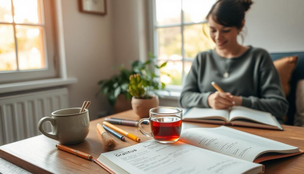 A serene indoor scene of a cozy workspace where a person is engaged in gratitude journaling. In the foreground, a well-organized journal lies open on a wooden desk, surrounded by colorful pens and a steaming cup of herbal tea. To the side, a person in modest casual clothing thoughtfully writes, with a soft smile reflecting contentment. The middle ground includes a small indoor plant and a window letting in warm, natural light, creating a cheerful atmosphere. In the background, a peaceful view of a garden can be seen through the window, emphasizing tranquility. Use soft, warm lighting to enhance the inviting mood, captured through a slightly angled lens for an intimate feel.