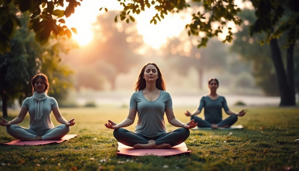 A serene morning meditation scene designed to evoke tranquility and mental clarity. In the foreground, a diverse group of three individuals practicing meditation on yoga mats, dressed in comfortable, modest clothing, radiating calmness. The middle ground features lush greenery with gentle morning light filtering through leaves, creating dappled patterns on the ground. In the background, a soft sunrise casts warm hues across the sky, enhancing the peaceful atmosphere. The soft focus blur on distant trees adds depth, while sharp details in the subjects convey focus and determination. The overall mood is serene and uplifting, inviting viewers to embrace the power of morning meditation for mental resilience. A serene morning meditation scene designed to evoke tranquility and mental clarity. In the foreground, a diverse group of three individuals practicing meditation on yoga mats, dressed in comfortable, modest clothing, radiating calmness. The middle ground features lush greenery with gentle morning light filtering through leaves, creating dappled patterns on the ground. In the background, a soft sunrise casts warm hues across the sky, enhancing the peaceful atmosphere. The soft focus blur on distant trees adds depth, while sharp details in the subjects convey focus and determination. The overall mood is serene and uplifting, inviting viewers to embrace the power of morning meditation for mental resilience.