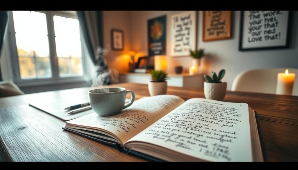 A serene workspace featuring a well-organized gratitude journal lying open on a wooden desk, with pages filled with handwritten notes and doodles. Surrounding the journal are a steaming cup of herbal tea, a small potted plant, and a softly glowing candle. In the background, a window lets in warm natural light, illuminating the room with a cozy and inviting atmosphere. The walls are adorned with inspirational quotes and calming artwork. The mood is peaceful and reflective, inspiring the viewer to embark on their own gratitude journaling journey. The composition is captured with a shallow depth of field, focusing on the journal, while the background softly blurs, creating an intimate and inspiring setting.