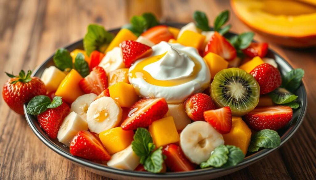 A vibrant and fresh salad of assorted fruits mixed with smooth, creamy yogurt. The foreground features beautifully arranged pieces of bright strawberries, ripe bananas, juicy kiwi, and succulent mango, all glistening with a light drizzle of honey. In the middle, a generous dollop of thick yogurt adds a touch of velvety white, contrasting the colorful fruits. The background includes a rustic wooden table, enhancing the natural feel of the dish, softly lit with warm, inviting light to highlight the freshness of the ingredients. The image is taken from a slightly elevated angle, focusing on the textures and colors of the salad, evoking a sense of healthiness and indulgence. The atmosphere is cheerful and appetizing, perfect for a homemade salad bar concept.