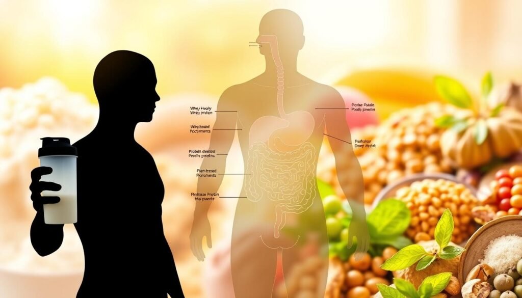 A vibrant and informative illustration depicting the concept of protein digestion issues and solutions. In the foreground, a human silhouette holding a protein shaker, symbolizing both whey and plant-based protein supplements. In the middle ground, a detailed digestive system diagram, highlighting areas where protein digestion may struggle, with flowing lines indicating digestive movement. The background features soft, blurred images of various protein sources like whey, legumes, and nuts, bathed in warm, natural light to evoke a sense of healthiness. Use a slightly elevated angle for a comprehensive view with a clean, professional atmosphere. The overall mood should be educational yet approachable, inviting readers to explore the topic with interest.