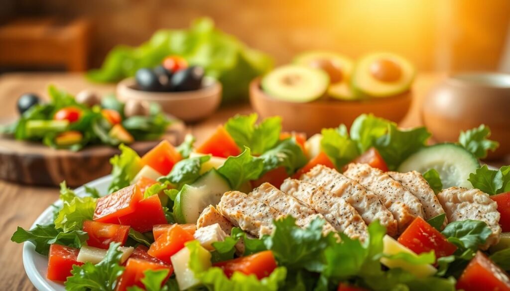 A vibrant, healthy salad featuring high-protein tuna in the foreground, artfully arranged with a mix of fresh greens like romaine and spinach. Include colorful diced bell peppers, cherry tomatoes, and slices of cucumber, all glistening with a light vinaigrette dressing. In the middle ground, a rustic wooden table displays additional salad ingredients like olives and avocados, suggesting a DIY salad bar atmosphere. The background softly fades with hints of a cozy kitchen setting, warm lighting illuminating the scene, creating an inviting and wholesome mood. The composition is captured from a slightly elevated angle, highlighting the rich textures and colors of the ingredients, making it look appetizing and fresh, appealing to health-conscious readers.
