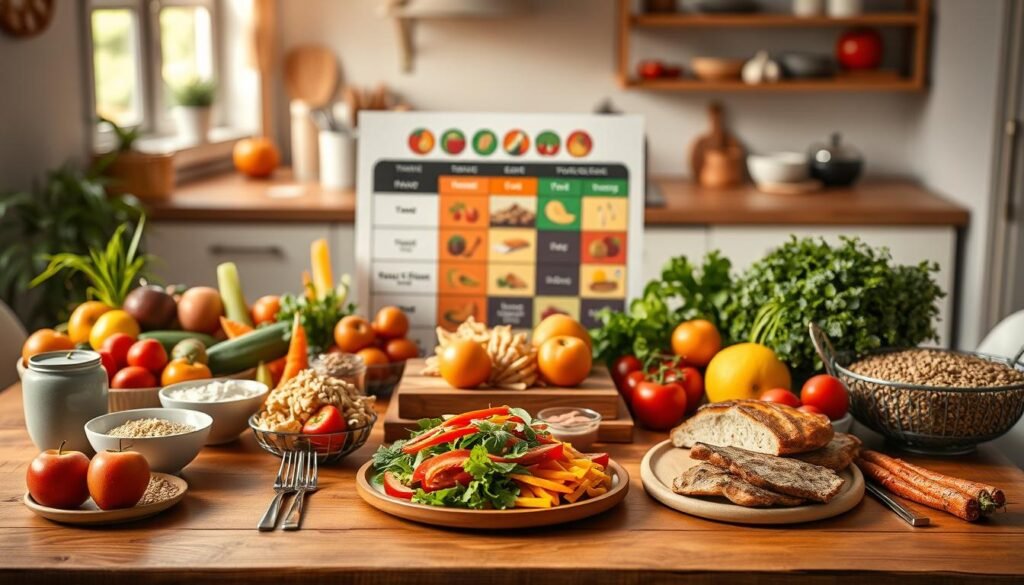 A balanced and vibrant display of healthy eating principles and portion control. In the foreground, a beautiful wooden table set with a variety of healthy food options like fresh fruits, vegetables, whole grains, and lean proteins, neatly portioned. In the middle ground, a well-organized meal plan chart featuring typical serving sizes, color-coded for easy understanding. The background subtly showcases a cozy kitchen environment with soft, natural lighting filtering through a window, creating a warm and inviting atmosphere. The scene conveys a sense of wellness and balance, ideal for illustrating the advantages of healthy eating and diet management in a professional, informative context. No human figures are present in the image.