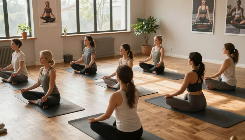 A serene scene depicting an indoor space designed for mental and physical preparation before exercise. In the foreground, a diverse group of individuals, dressed in modest, casual athletic wear, engage in meditation and stretching exercises. The middle ground features a calming atmosphere with soft natural light filtering through large windows, casting gentle shadows on the wooden floor. Background elements include motivational posters, potted plants, and yoga mats neatly arranged, enhancing the focus on wellness. The mood is tranquil and focused, creating an inviting space that encourages discipline and readiness for physical activity. The angle is slightly elevated, showcasing both the participants’ concentration and the inspiring environment around them.