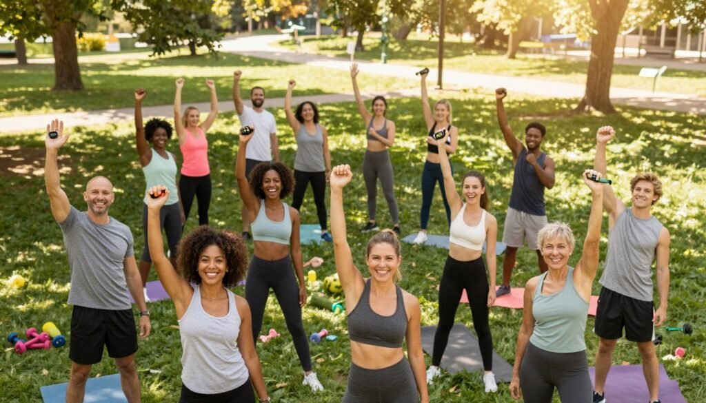 A vibrant and dynamic scene depicting various positive signs of fitness success. In the foreground, a diverse group of individuals in modest athletic wear, smiling and celebrating their achievements, showcasing diverse body types and ethnic backgrounds. They are in a park setting, surrounded by lush greenery, with supportive friends and family cheering them on in the background. In the middle ground, an array of fitness-related visuals such as healthy food, fitness trackers displaying positive results, and equipment like dumbbells and yoga mats. The lighting is warm and uplifting, with soft sunlight filtering through tree leaves, creating a cheerful and motivating atmosphere. The angle is slightly elevated, giving a panoramic view of the joyful scene, capturing the essence of achievement and consistency in fitness.